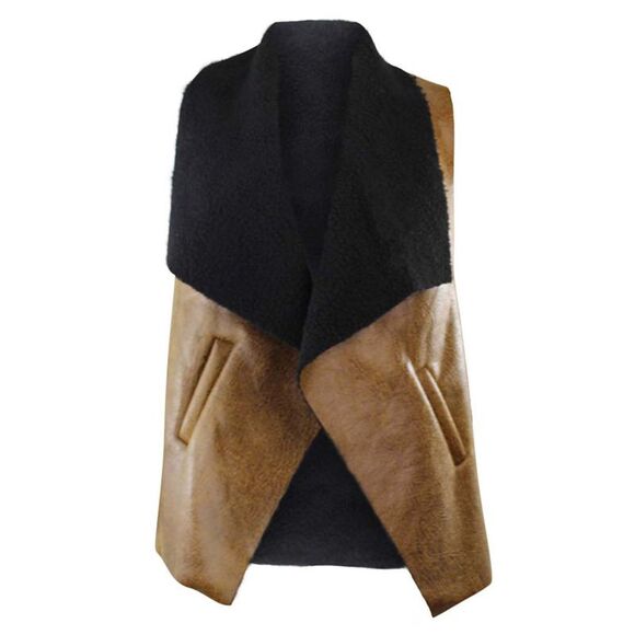 Vegan Leather Fur Lined Vest With Collar - Picture 1 of 8